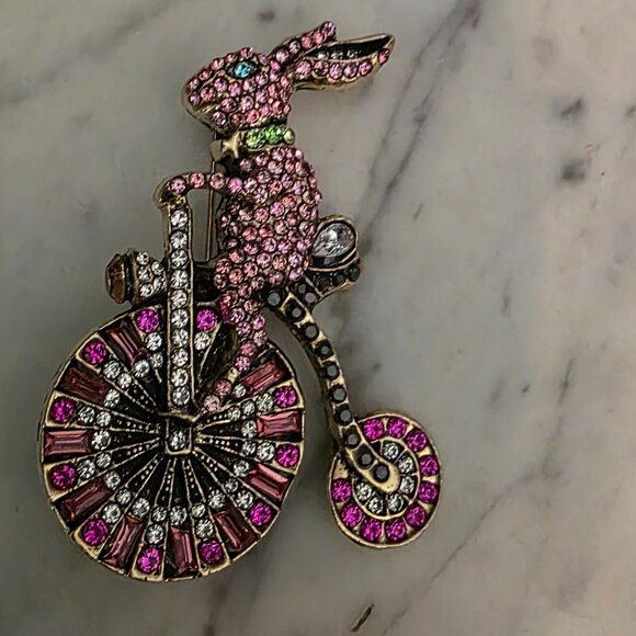 Jewelry - Rhinestone Rabbit Riding Bicycle Brooch Pink Crystal Easter Bunny Novelty Pin